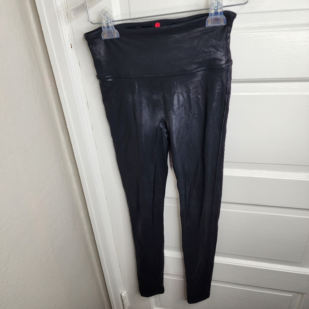 Spanx faux leather metallic black leggings size Small